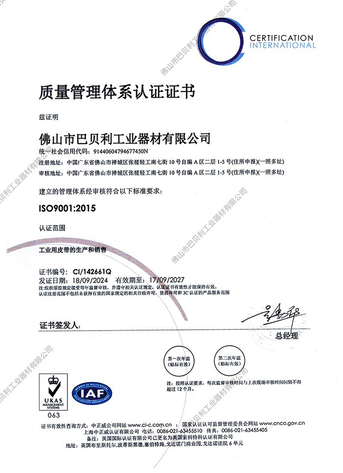 巴贝利质量体系认证证书
